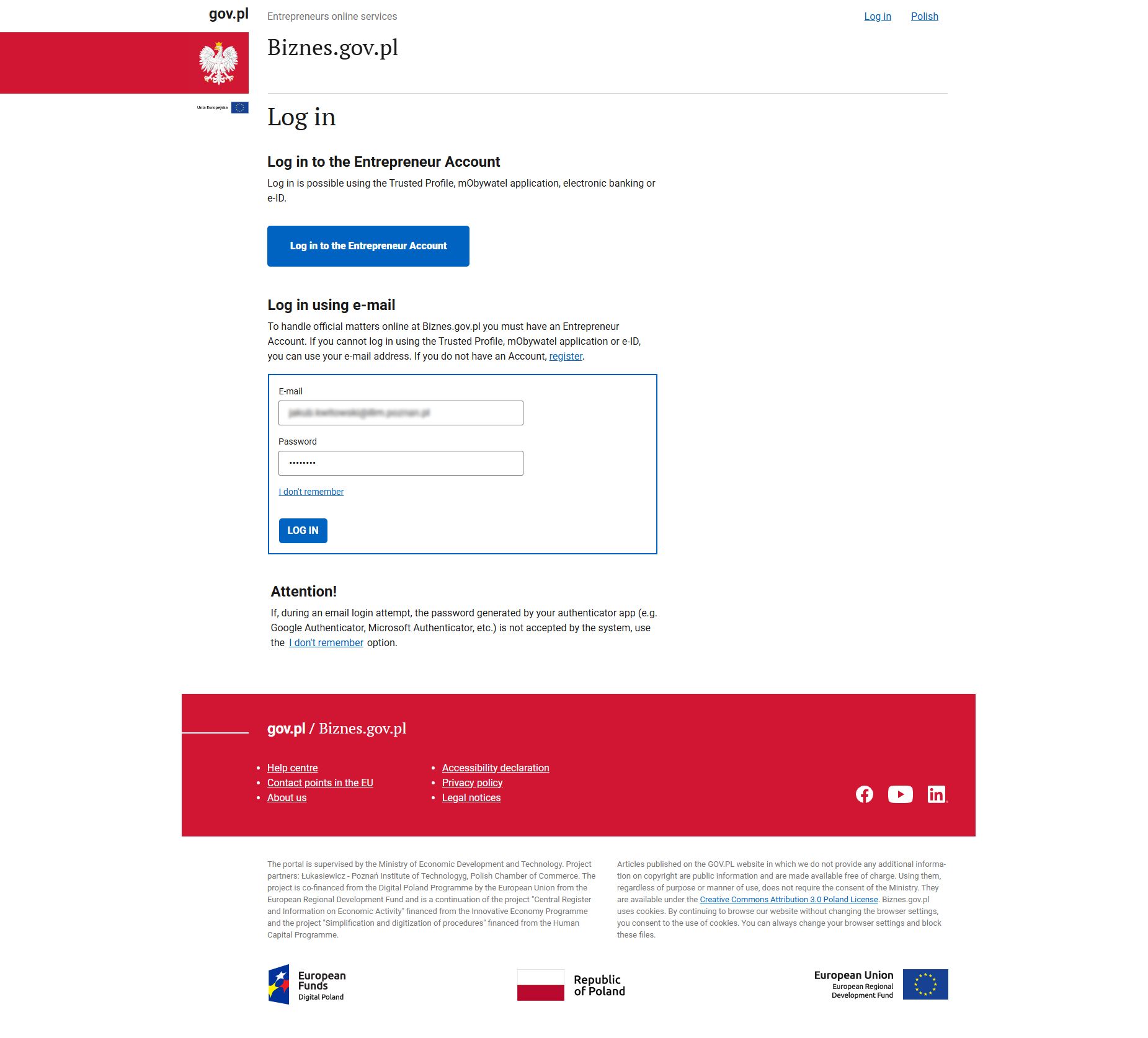 Biznes.gov.pl login page